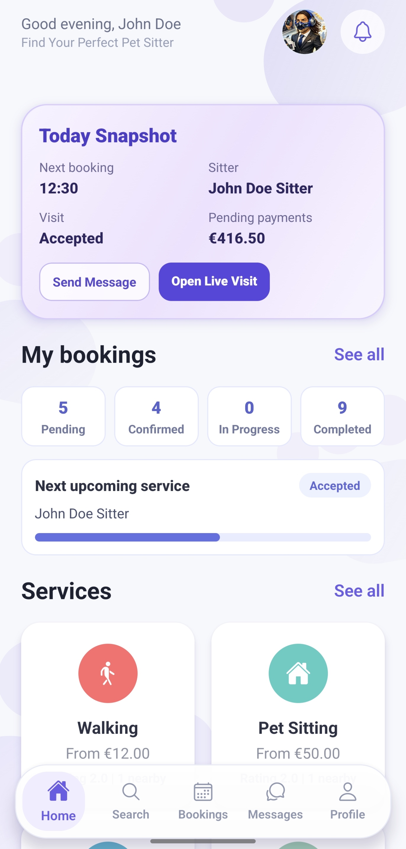 Petsly app on phone showing pet sitter search and booking for dog walking, pet boarding and house sitting in Cyprus